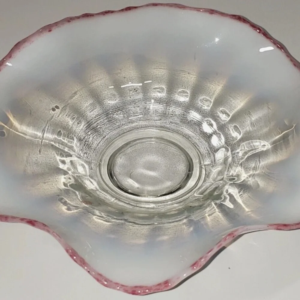 Pair Antique Cranberry Frit Moonstone Paneled Bowl Jefferson Glass Fancy Fantail
